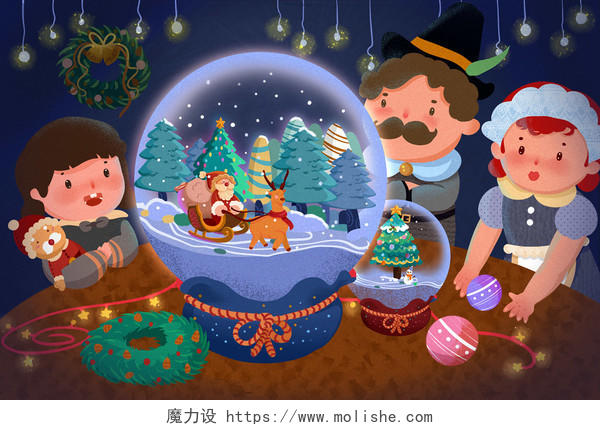 儿童插画手绘圣诞老人水晶球圣诞节背景海报素材